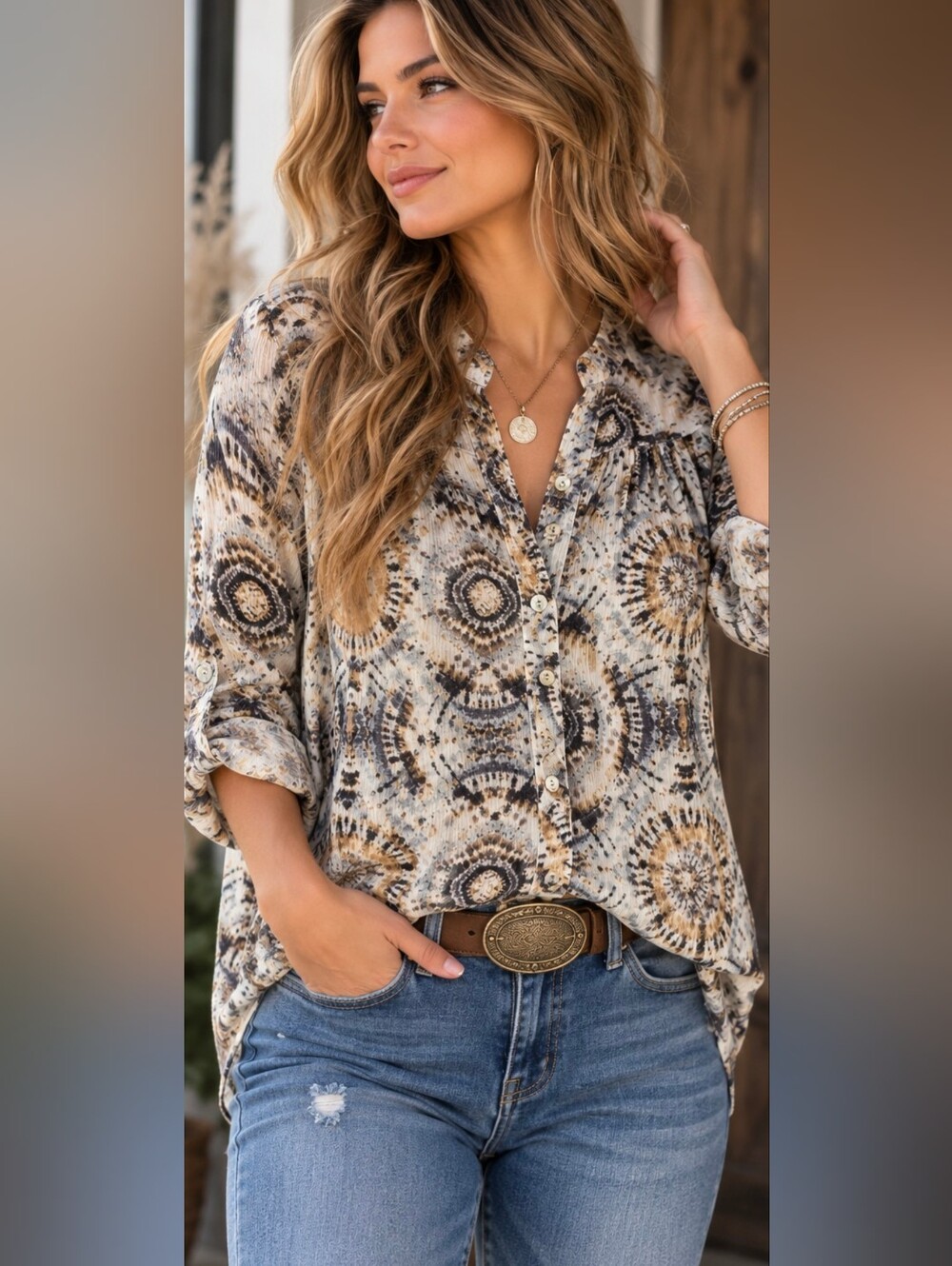 Figueroa & Flower PM Boho Mixed Print Button Down Blouse Roll Tab Sleeves Artsy